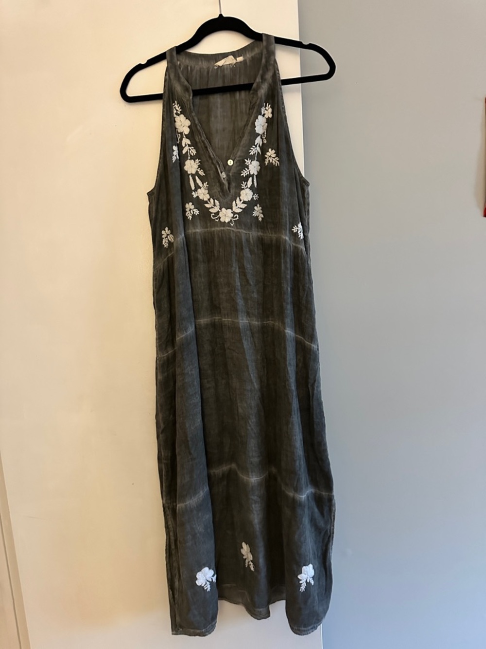 Washed Gray Embroidered Maxi Dress -  V-Neck Summer Maxi